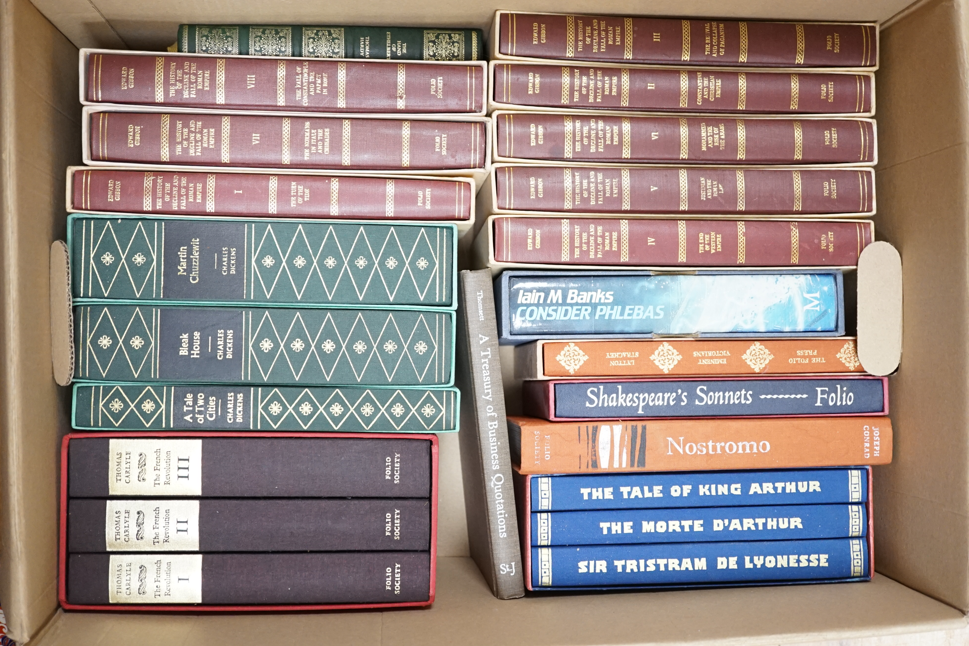 A quantity of mostly fiction Folio Society books including Charles Dickens, some history related and others